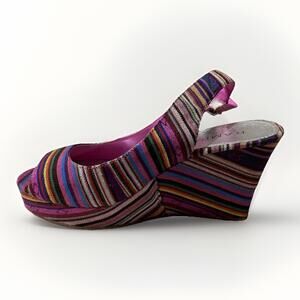 Rampage Women’s Slingback Wedge Sandals Multicolor Striped Peep Toe Size 6